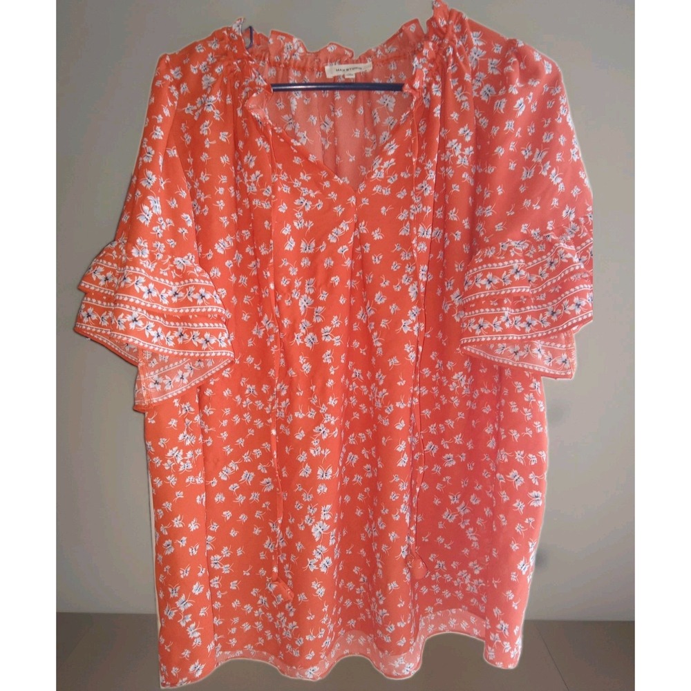 Max Studio 1X Orange Floral Blouse Ruffle Sleeves Peasant Boho Cottagecore
